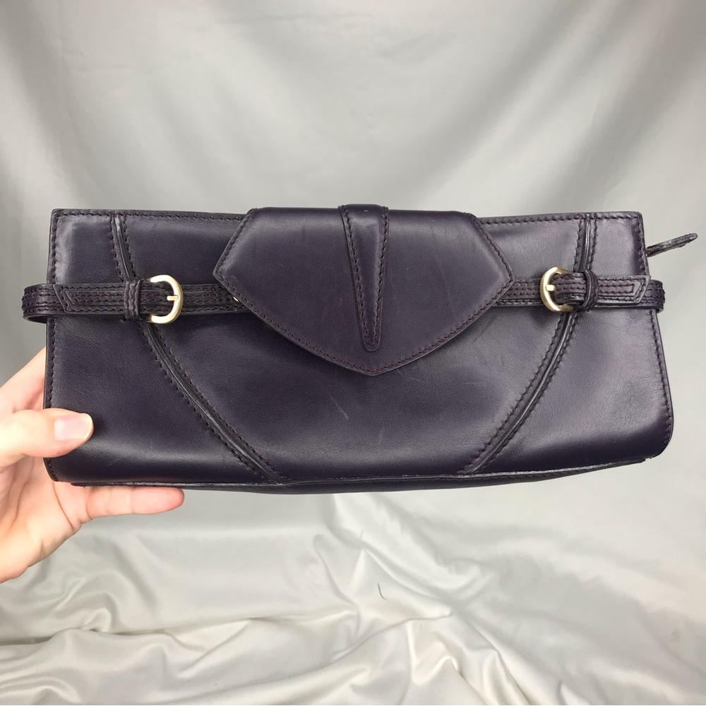 VIA SPIGA Dark Purple Clutch with Gold Tone Brushed Hardware. Like New Condition